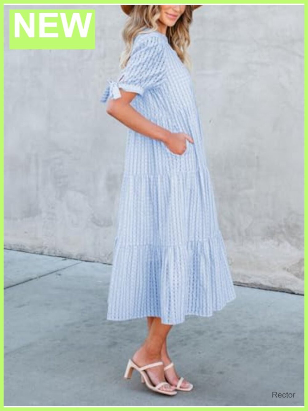 Polyester Midi Dress V-Neck Puff Sleeve Tiered Gingham Spring Summer - Picture 2 of 6